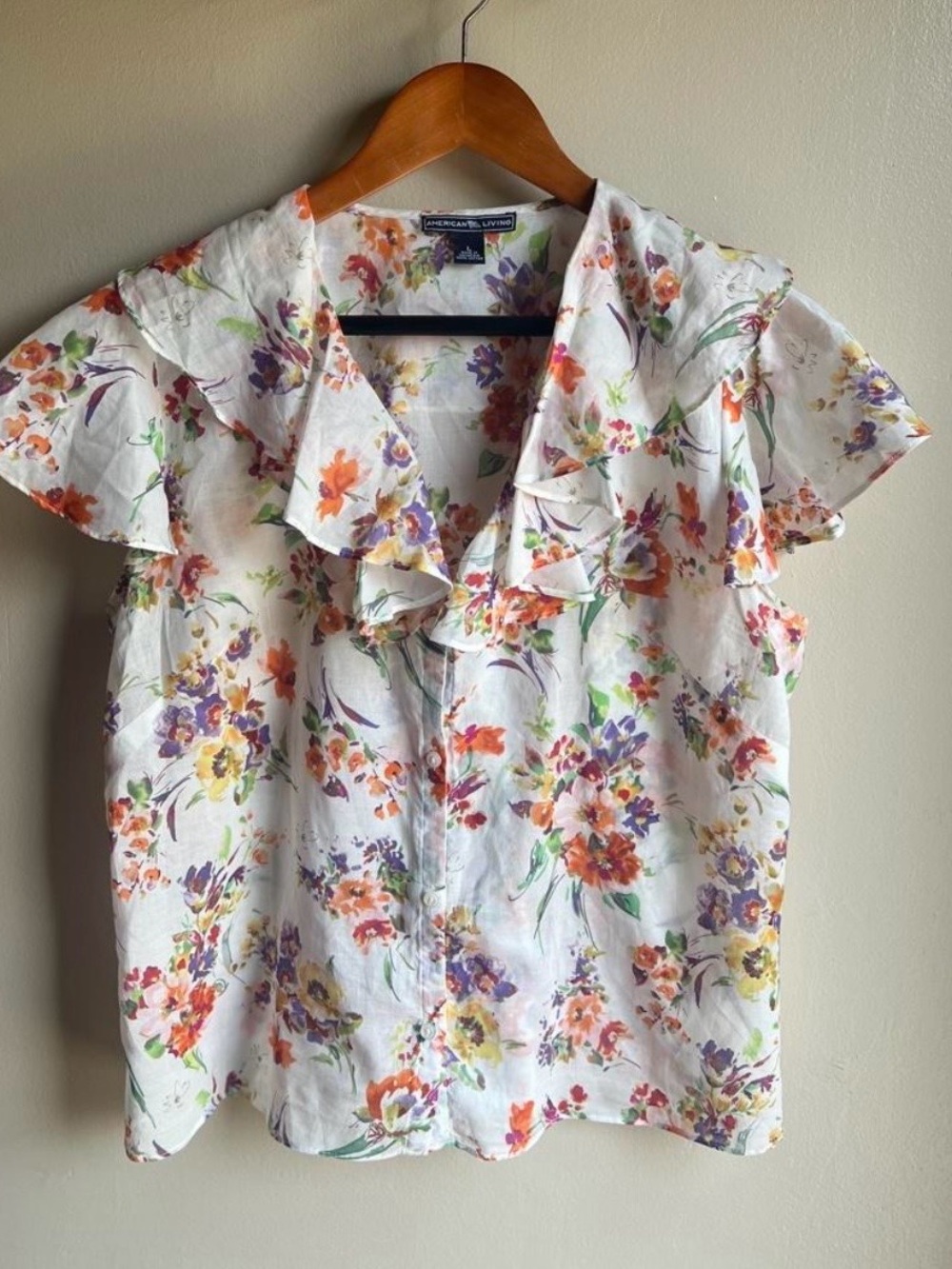 American Living Blouse L Floral Ruffle Collar 100% Cotton Button Front Women